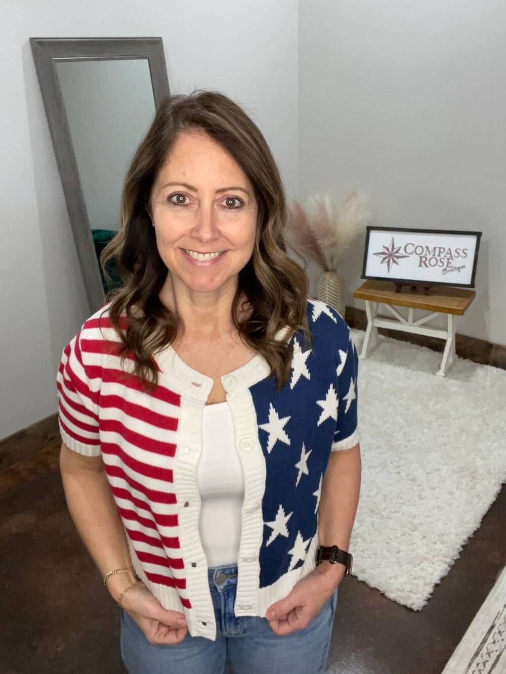 NEW ADORA american flag button front sweater in american print